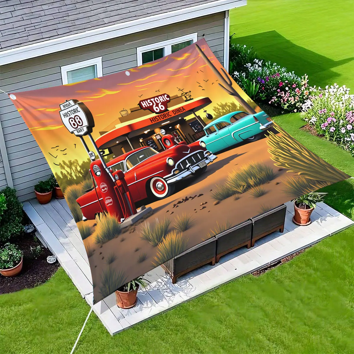 1 auvent extérieur rétro style restaurant, motif coucher de soleil sur autoroute et paysage désertique coloré de dessin animé, résistant aux UV, facile à installer