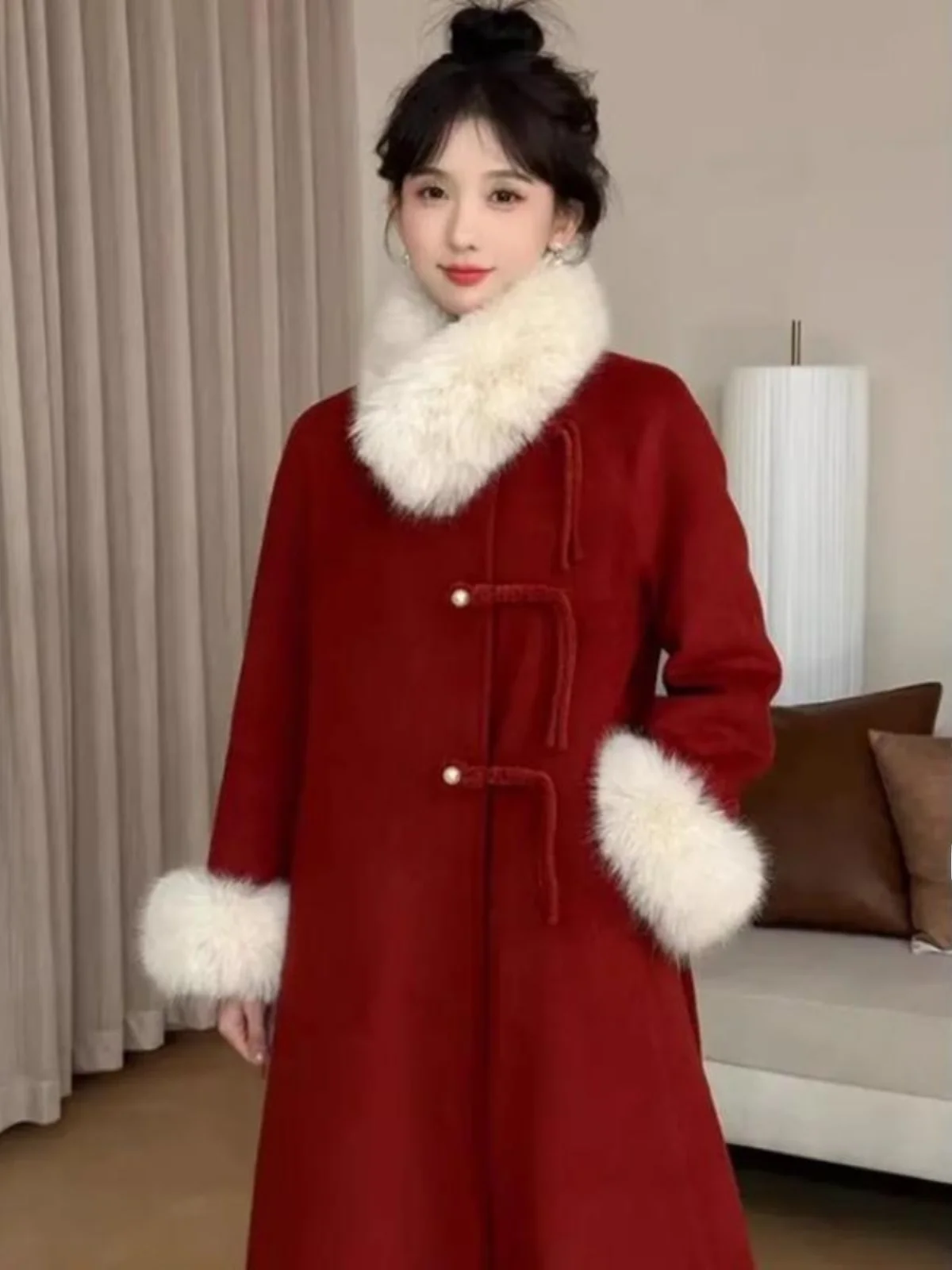 

Новое китайское утепленное шерстяное пальто с флисовой подкладкой, женское, средней длины, осенне-зимнее, новинка, корейский стиль, прямой крой.