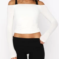 Women's Sporty Basic Off-Shoulder Top Casual Slim Fit Long Sleeve T-Shirt Stylish Solid Color for Fall - Image 5