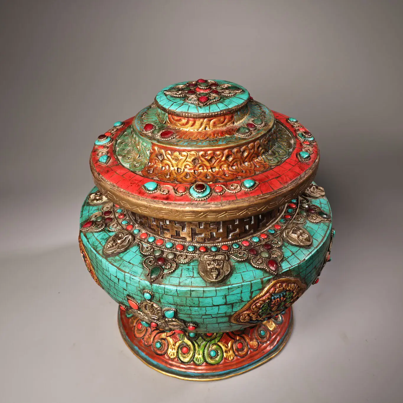 Vintage Chinese Tibetan Copper Gemstone Inlaid Gold Painted Eight Auspicious Symbols Treasure Pot Heavy Patina
