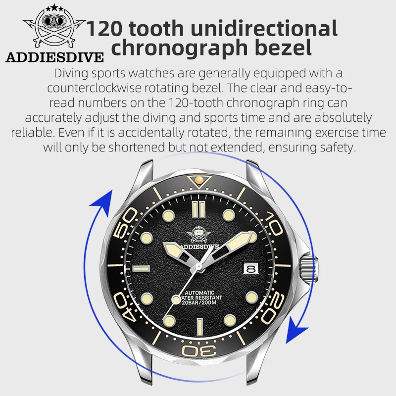 ADDIESDIVE New Men Watch Automatic Sapphire Glass NH35 Steel Ceramic Bezel Super Luminous 200meters Waterproof Mechanical Watch