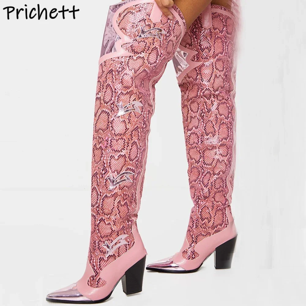 Pink Patchwork Snakeskin Boots Pointy Toe Chunky Heels Leather Over The Knee Boots Sexy Fashion Winter Runway Long Shoes