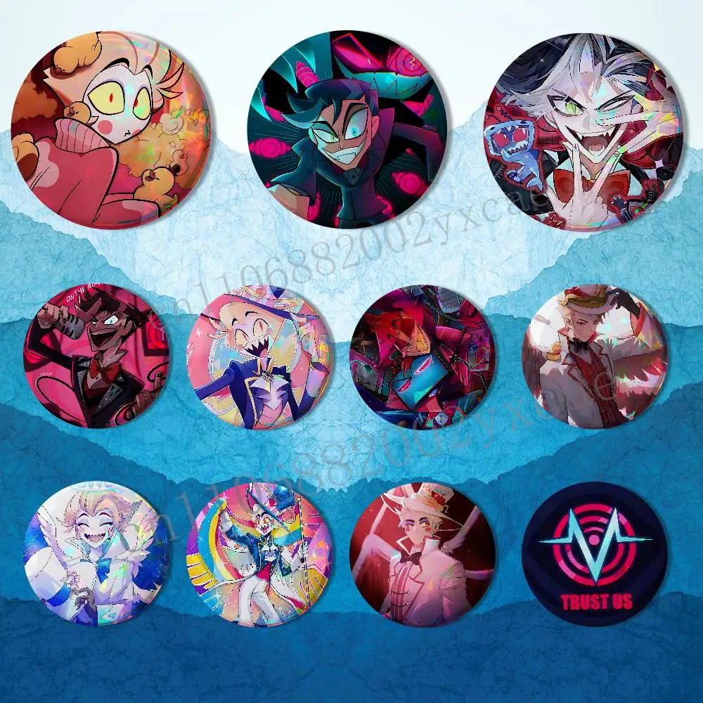 Comedy Lucifer Morningstar Hazbin Hotel Vox Reflective Pin Tinplate Round Brooch Cartoon Cosplay Badges for Bag Hat Toys Gifts