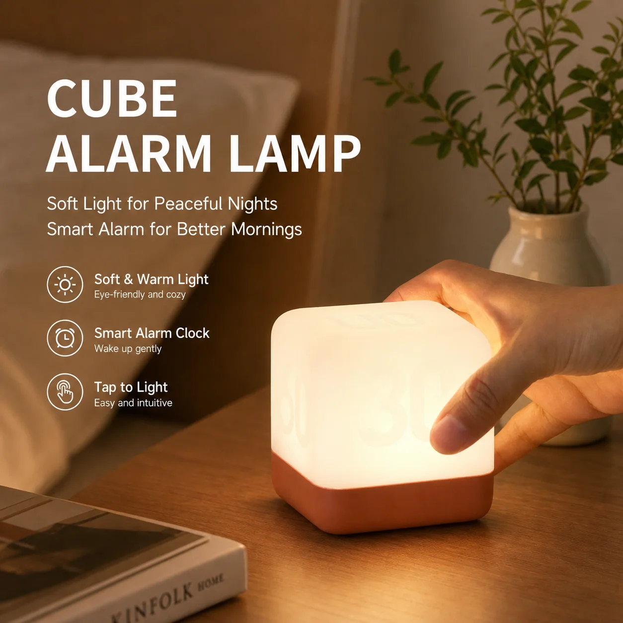 WWPPU Modern Minimalist Flip Timer Night Light, USB Rechargeable LED Cube Table Lamp, Bedside Sleep Ambient Light for Bedroom
