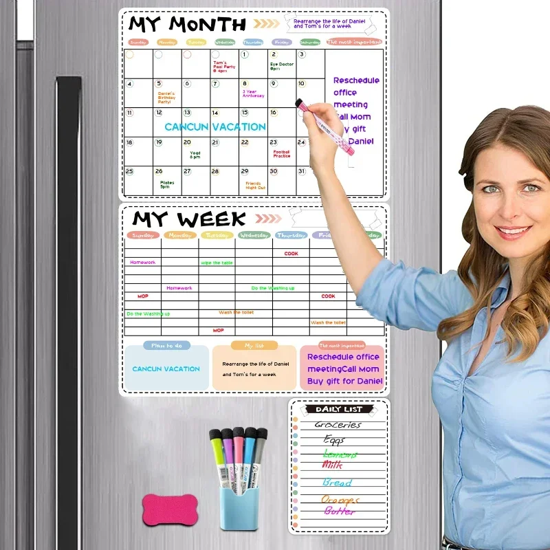 Spanish/English Weekly Monthly Planner Daily Message Magnetic Stickers Soft Whiteboard Fridge Magnets Calendar Removable