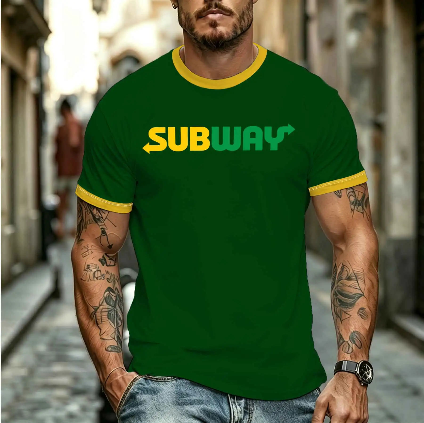 2026 new model Tee Stylish Comfortable Men's Fun Arrow Pointing SUBWAY Print Short Sleeve T-shirt Casual Loose Crew Neck Top Tee