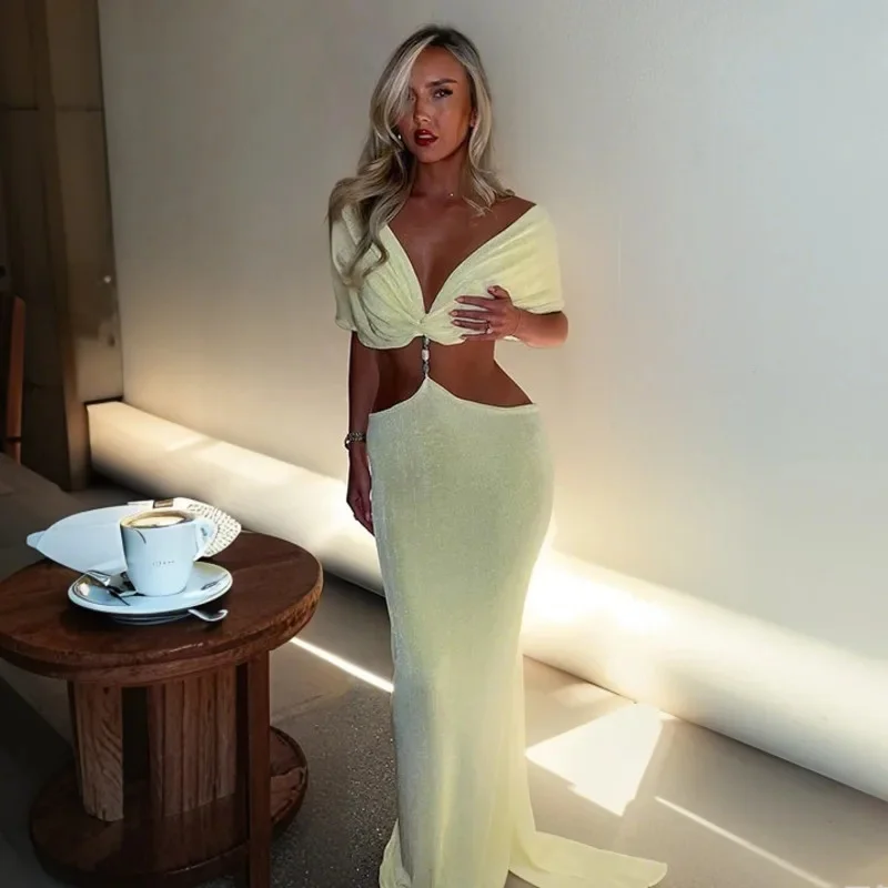 セクシーなスリムフィットワンショルダーロングドレス、カットアウトディテール付き夏スリムフィットボディコンドレスエレガントなレディースイブニングドレス宴会用
