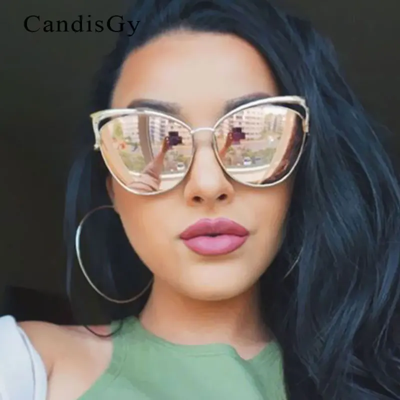 High Quality Cat Eye Female Sunglasses Gold Metal Gafas de sol Reflective Summer Pink Glasses Vintage Sexy Occhiali da sole