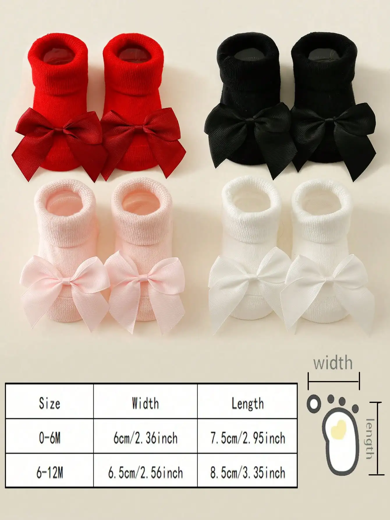 4 Pairs Baby Girl Anti Slip Floor Crew Socks Solid Big Bow Decor Mid Calf Socks Newborn Toddler 0-1Y All Season Casual Socks