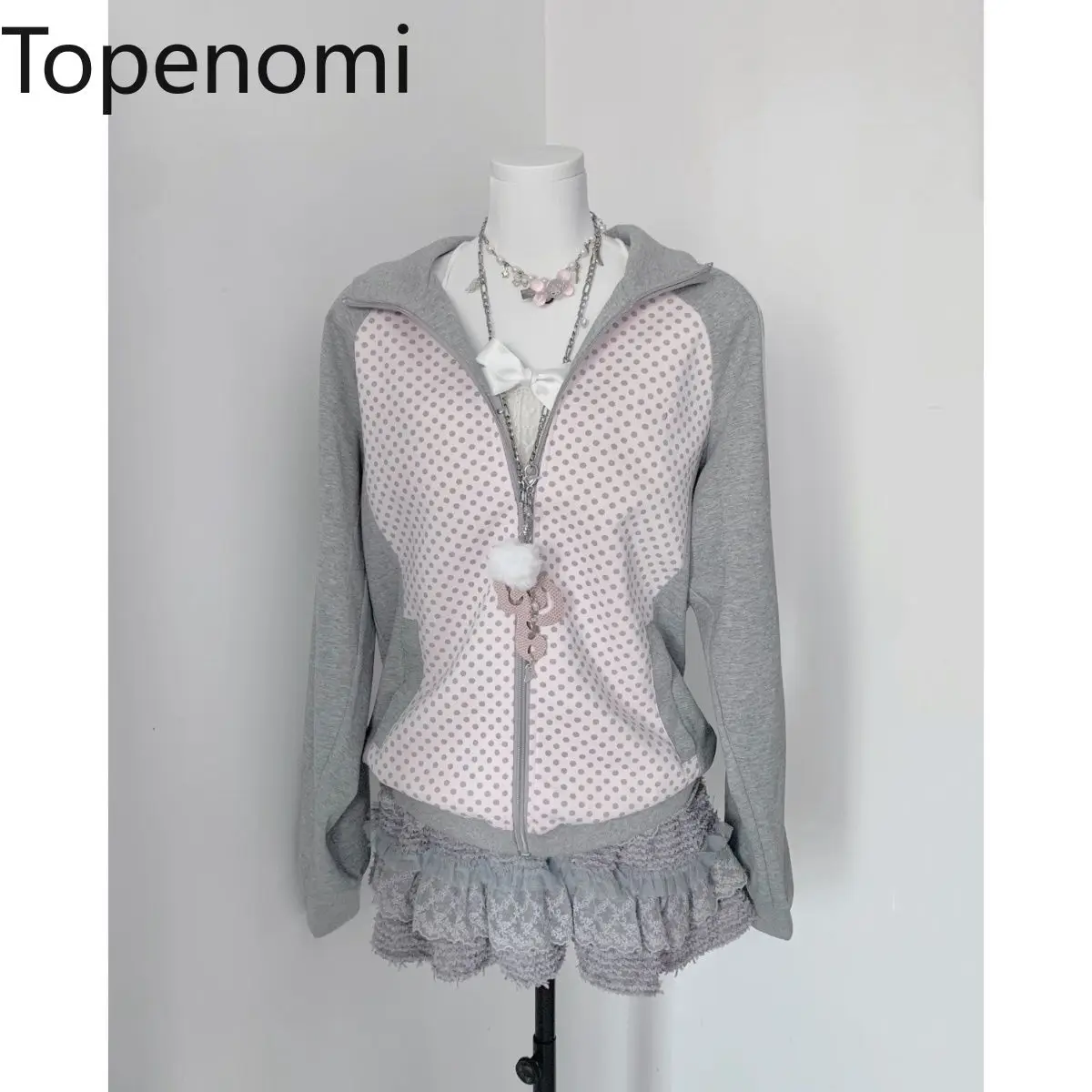 

Topenomi Retro Polka Dot Sweatshirts Women Japanese Cute Patchwork Zipper Coats Top 2026 New Casual Y2k Aesthetic Grunge Hoodie