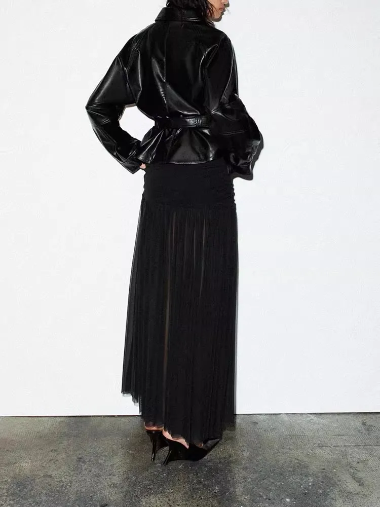 شتاء 2025 المرأة الأمريكية Sle مربوط Bla بولي Leather الجلود Jaet ort تنورة ملابس خارجية فضفاضة تناسب طويلة Sve سستة إغلاق #4