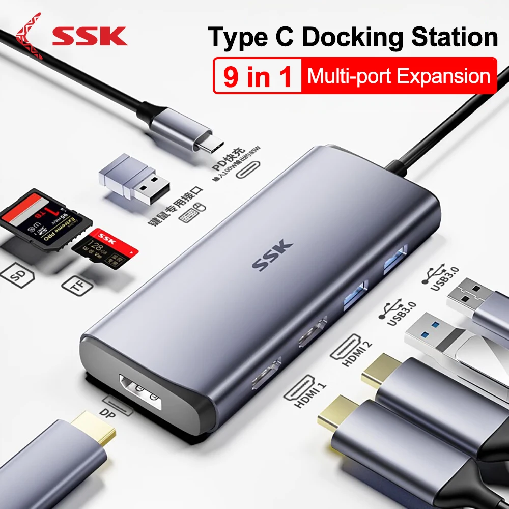 SSK 9 in 1 Type C HUB USB C to HDMI-compatible SD/ TF Card PD 100W Charger USB 3.0 HUB For Huawei Apple Dock Station Splitter