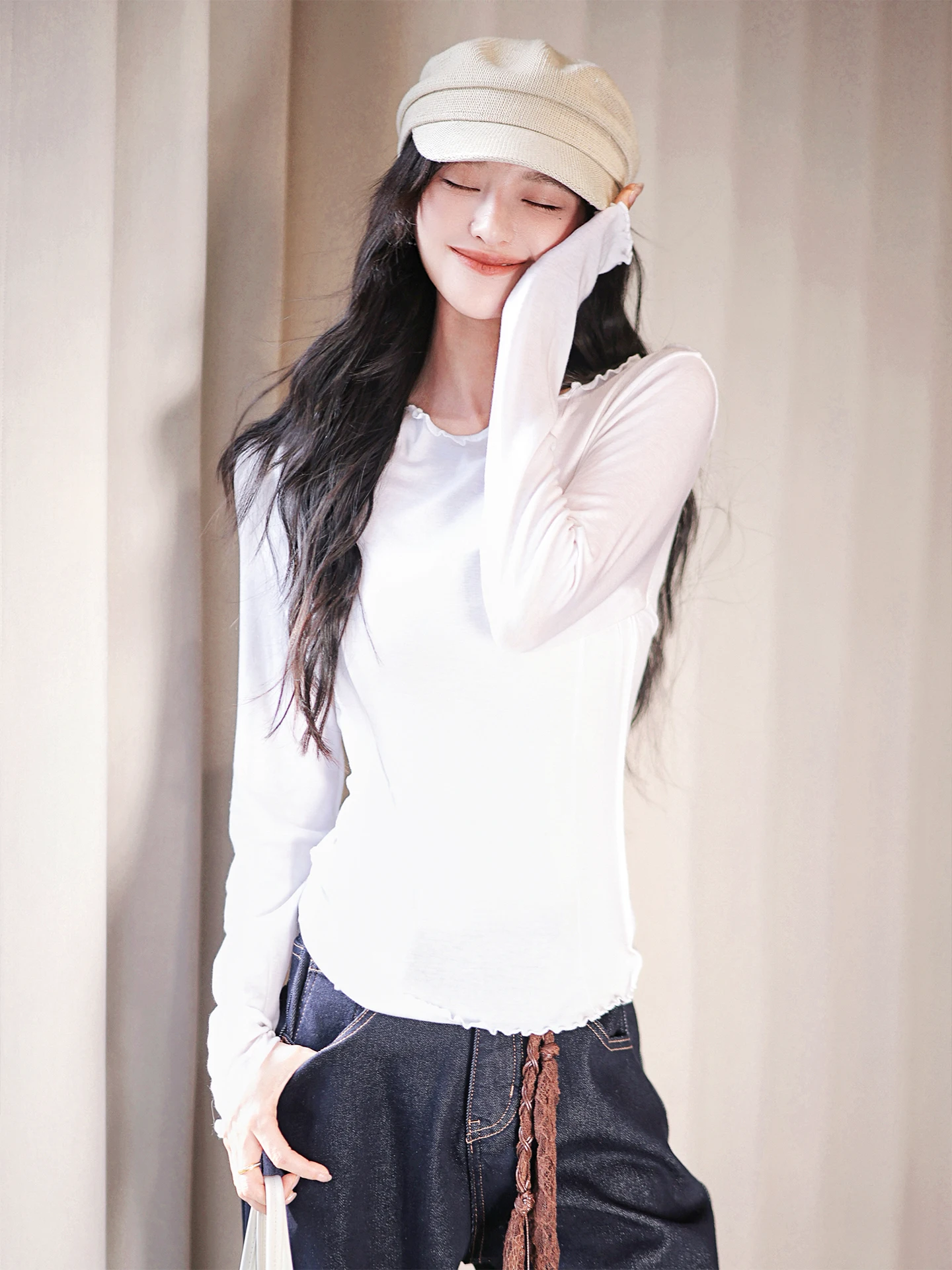 

Тонкая базовая рубашка ZhaodaXi из шелково-шерстяной смеси с одним открытым плечом, с текстурой под дерево, мягкая, приятная к телу, для повседневной носки, удлиненная.