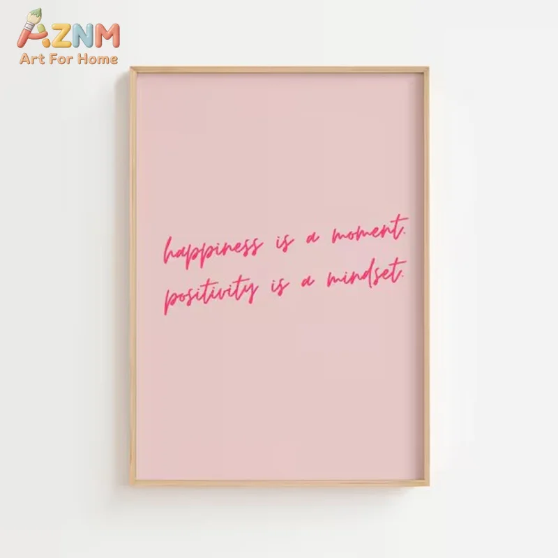 AZNM Happiness Is A Moment Positivity Is A Mindset Canvas Wall Art Soft Pink Background Hot Pink Cursive Inspirational Quote Unf