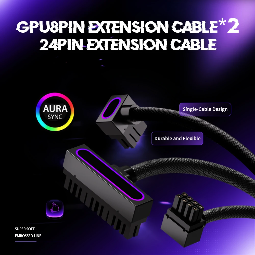 AIJS PC Cable Set, 1pc 24pin 2pcs GPU8pin Extension Cable,18AWG 90° Right-Angle Design, ARGB 5V 3Pin Male-to-Female 30cm