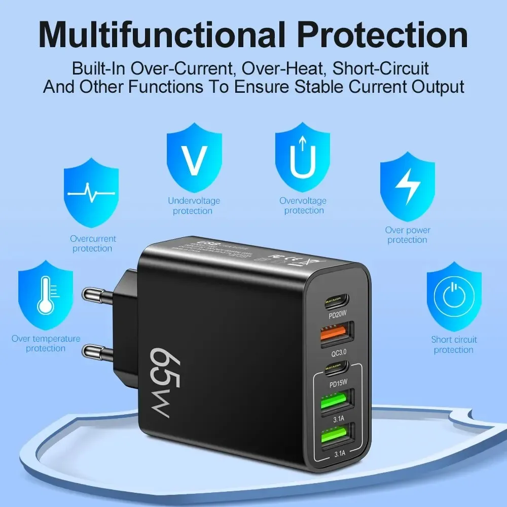 PD20W+15W Fast Charging 5Ports Dual USB C PD Wall Charger Power Adapter Eu US UK Plug For Iphone 13 14 15 Samsung Xiaomi Huawei