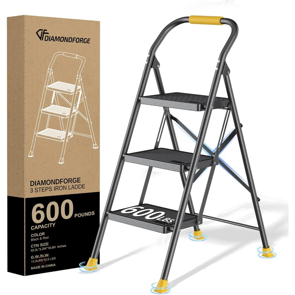 

Step Ladder Foldable Folding Stool - for Home Adults Kitchen 3 Stepping Extension Tall Heavy Duty with Handrails - Closet Stepst
