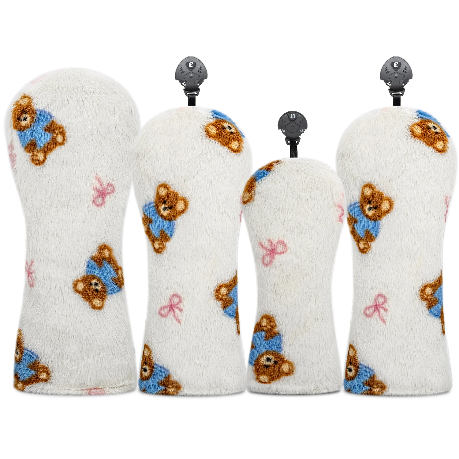 1PC/4PCS Plush Bear Golf Wood Head Covers, White Base With Cute Bear Pattern, Soft Fabric Material, Thick Inner Lining