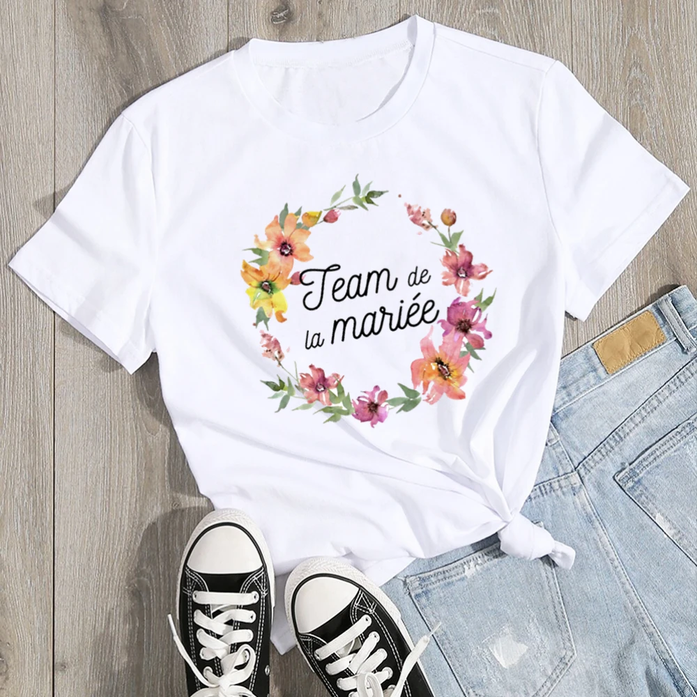 Camiseta de manga corta con cuello redondo para mujer, ropa informal básica de algodón, color blanco, para despedida de soltera y fiesta de boda