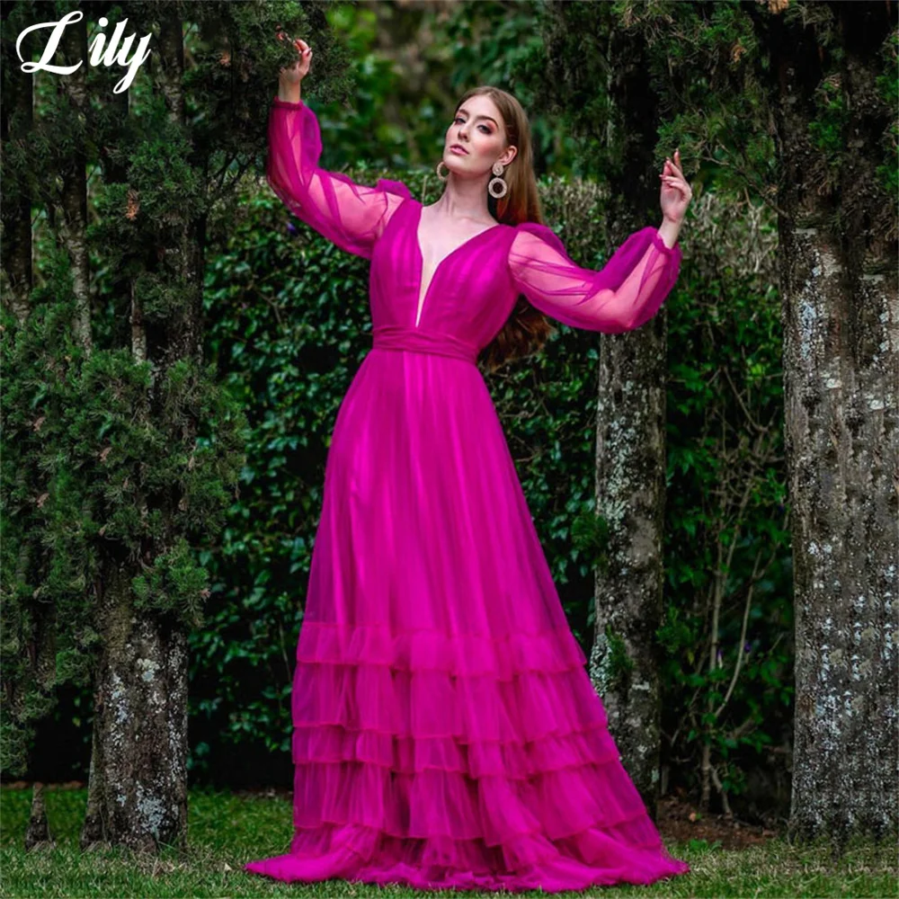 

Lily Fuchsia Prom Dress Blackless Full Sleeves Net Elegant Evening Gown Tiered Pleat V Neck Wedding Evening Dress robe de soirée