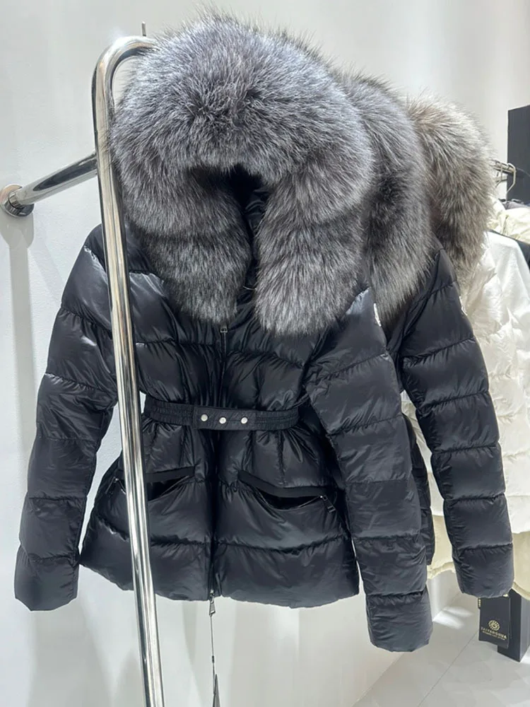 Down Coats Women Winter Black White Hooded Fur Collar White Duck Down  Puffer Thick Jacket with belt Slim Clothing