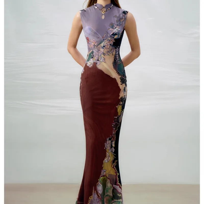 Novo vestido Qipao reversível estilo chinês: cauda de sereia, vestido colete estampado.