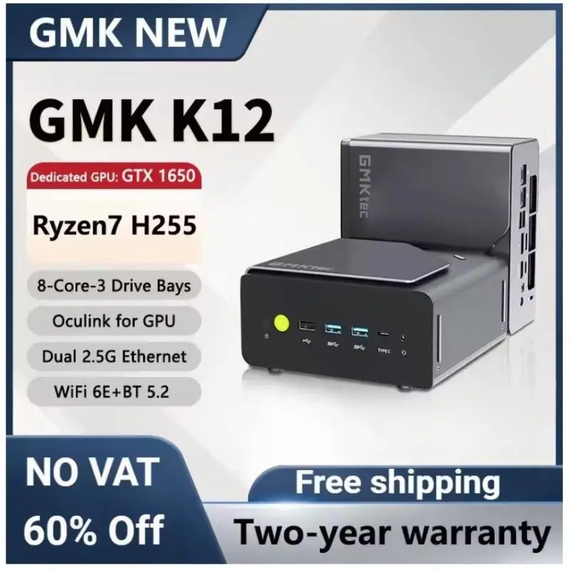 Mini PC GMKtec K12 AMD Ryzen AI 7 H 255 DDR5 5600MHz Triple M.2 PCIe 4.0 SSD OCuLink Dual 2.5GbE LAN WiFi 6 Bluetooth 5.2 Ordinateur de bureau gaming