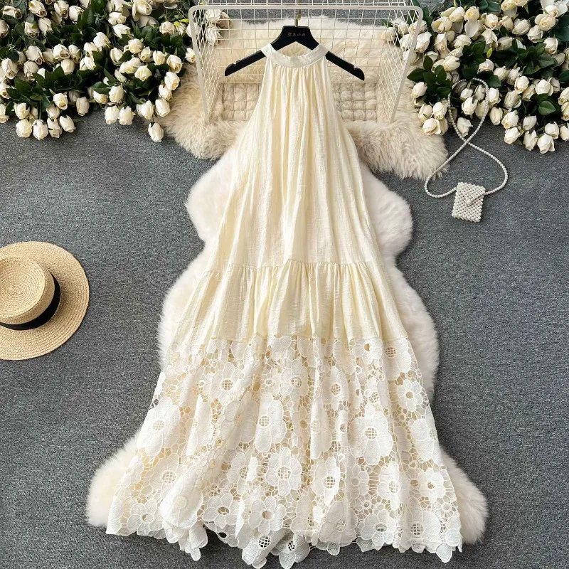 Lace Dress Superior Sense  Hanging Neck Vacation Gowns Luxury Light Luxury Embroidery Hollow Women Summer Sleeveless Long Dress