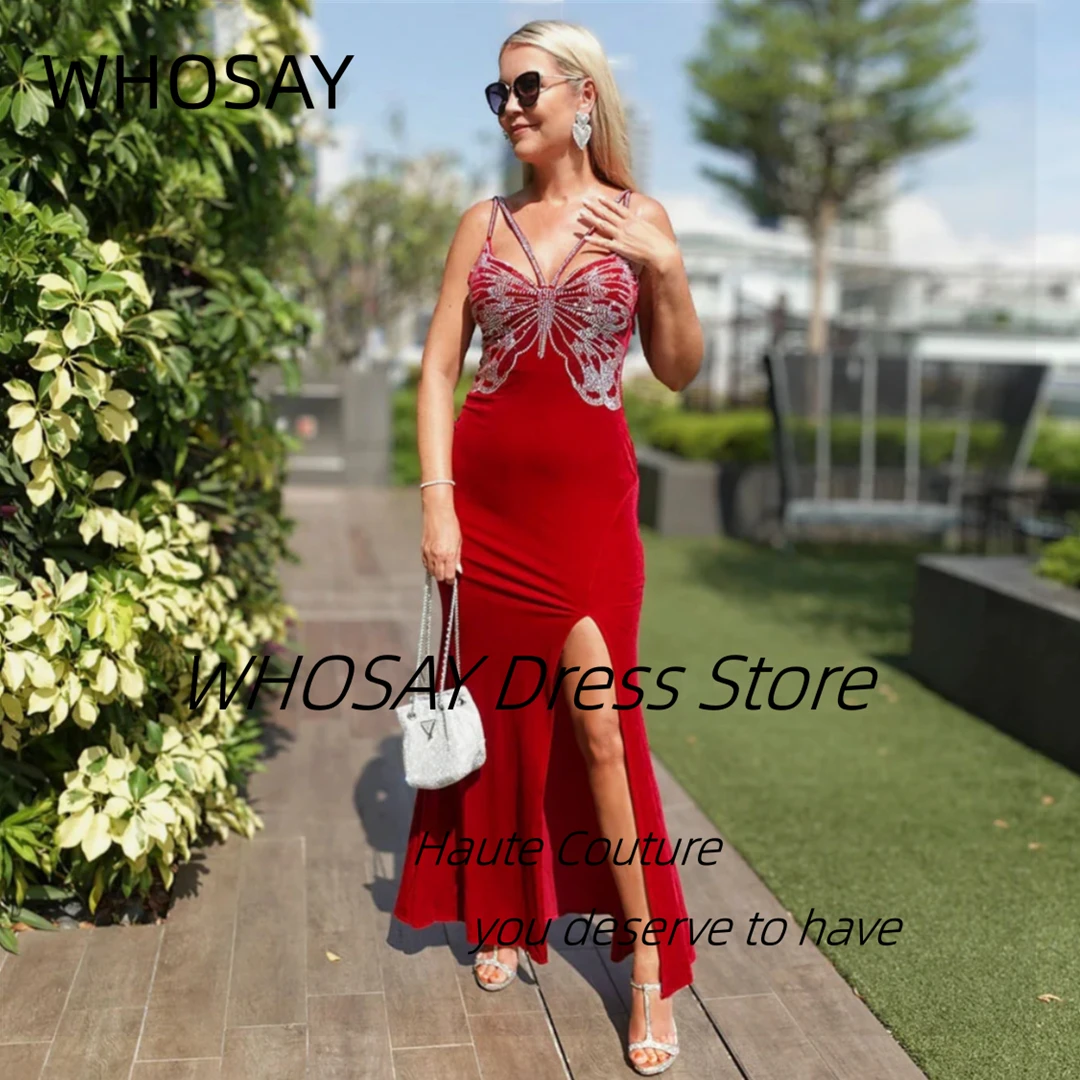 WHOSAY Customized Beading Butterfly Shape Prom Dresses Spaghetti Straps Robes De Soirée Side Slit Sexy Cocktail Evening Dress