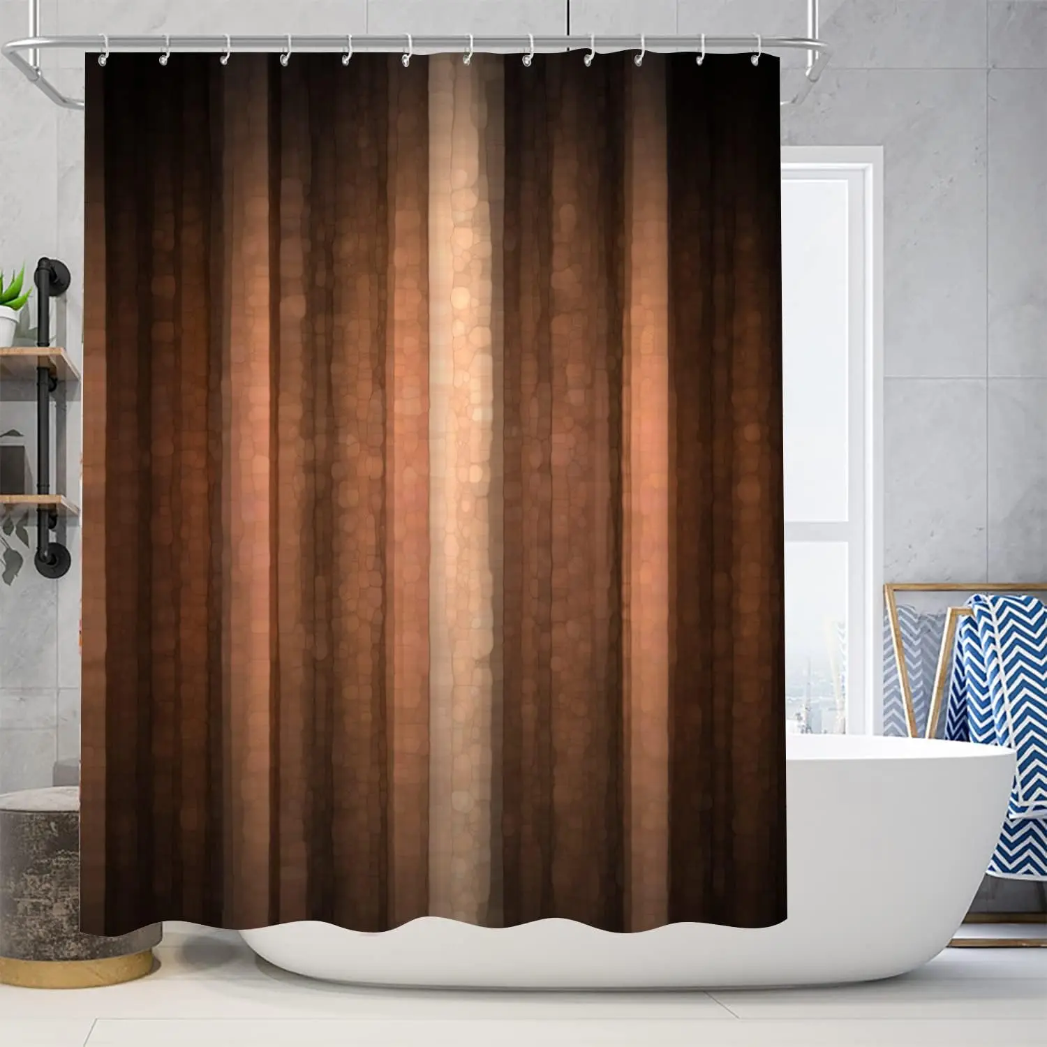 4Pcs Brown Striped Shower Curtain Set,Orange Copper Abstract Fall Bathroom Decor with Rugs,Toilet Lid Cover Vintage Bronze Style