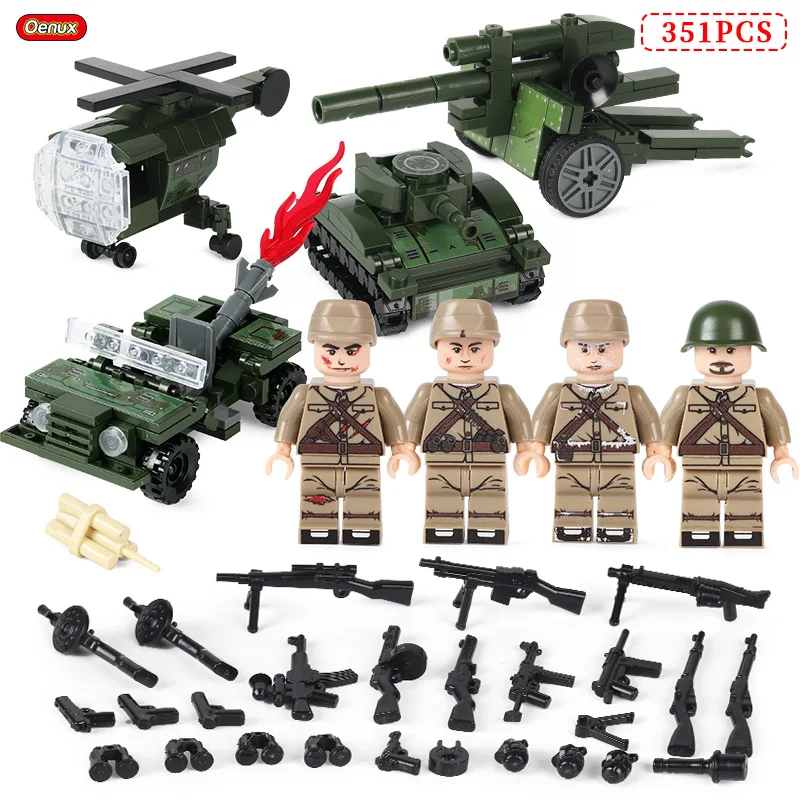 Oenux 8pcs WW2 Mini US Army Soldiers Figure Military Small Building Block Set Military Tank Motorcycle Vehicle MOC Brick Kid Toy