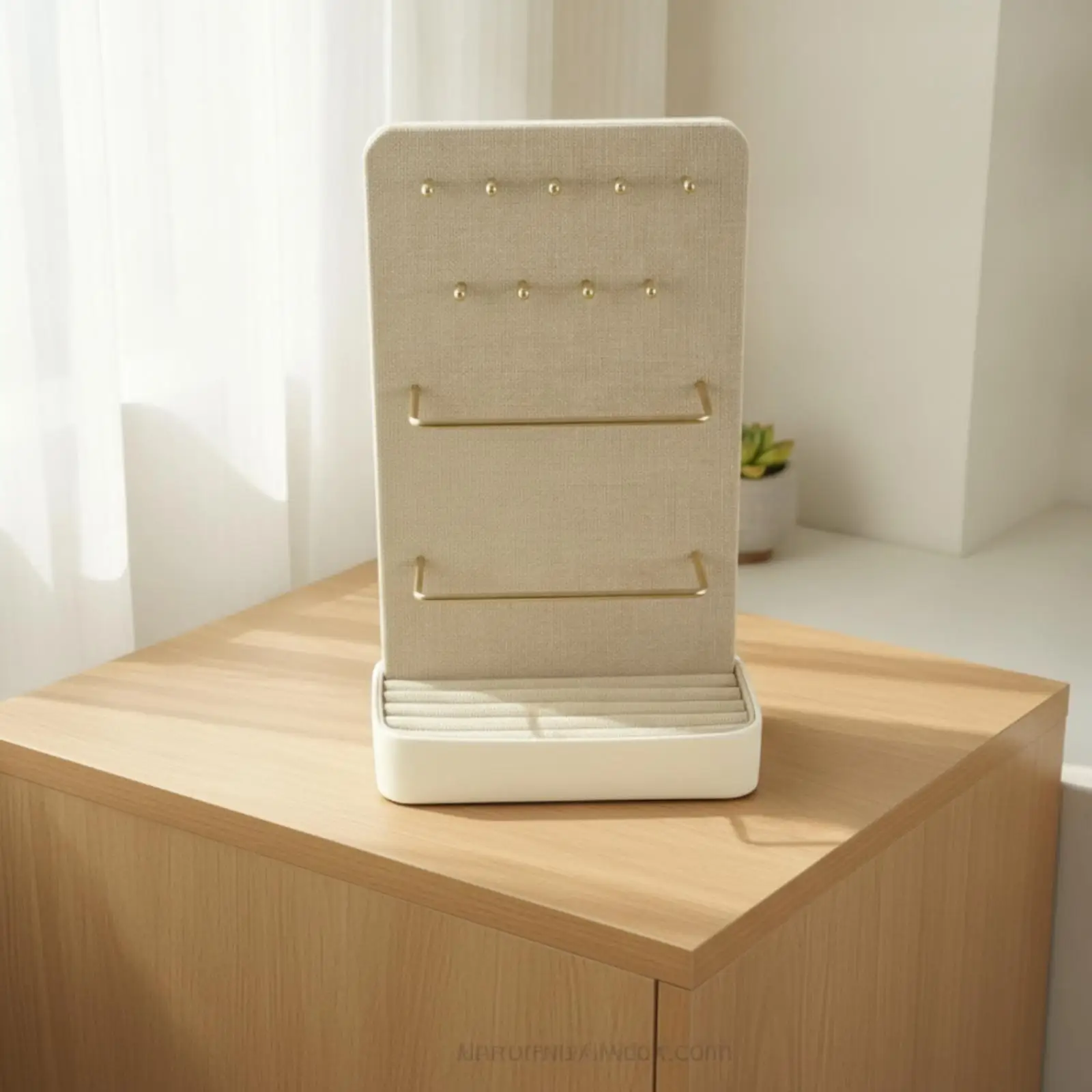 Space Saving Linen Jewelry Stand with Wood Base Metal Rails and Padded Tray for Necklace Bracelet Ring Storage Retail Display
