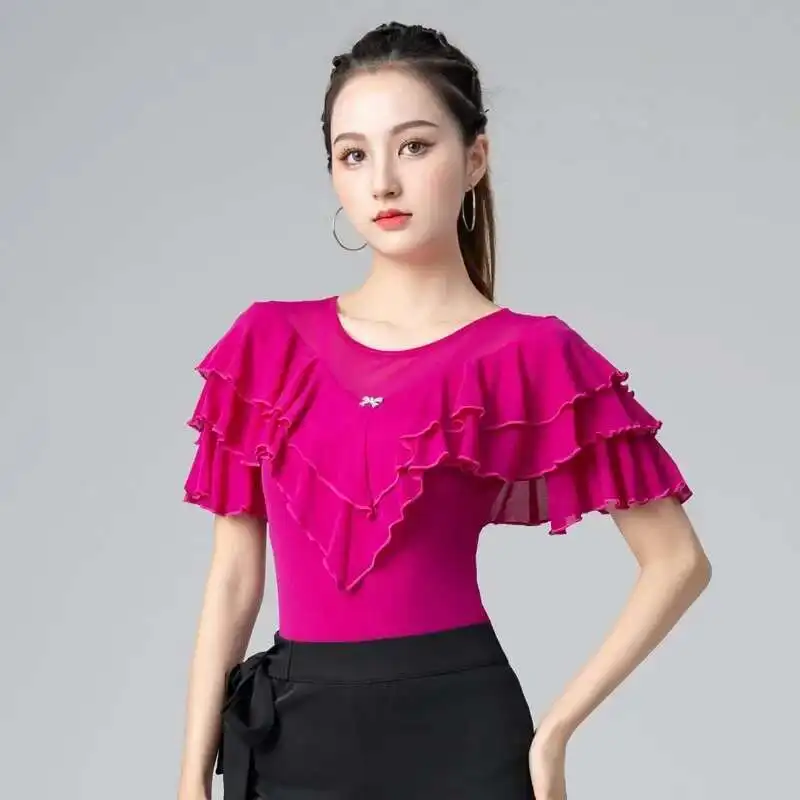 Verão novo flounce avançado camisa de dança latina feminina manga alargada topos de dança moderna competição trajes desempenho