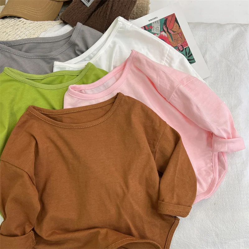 1pcs Spring Autumn Children's Pure Cotton Long Sleeve T-shirts Solid Color Boys Girls Tops Kids Baby Leisure Tee Student Clothes