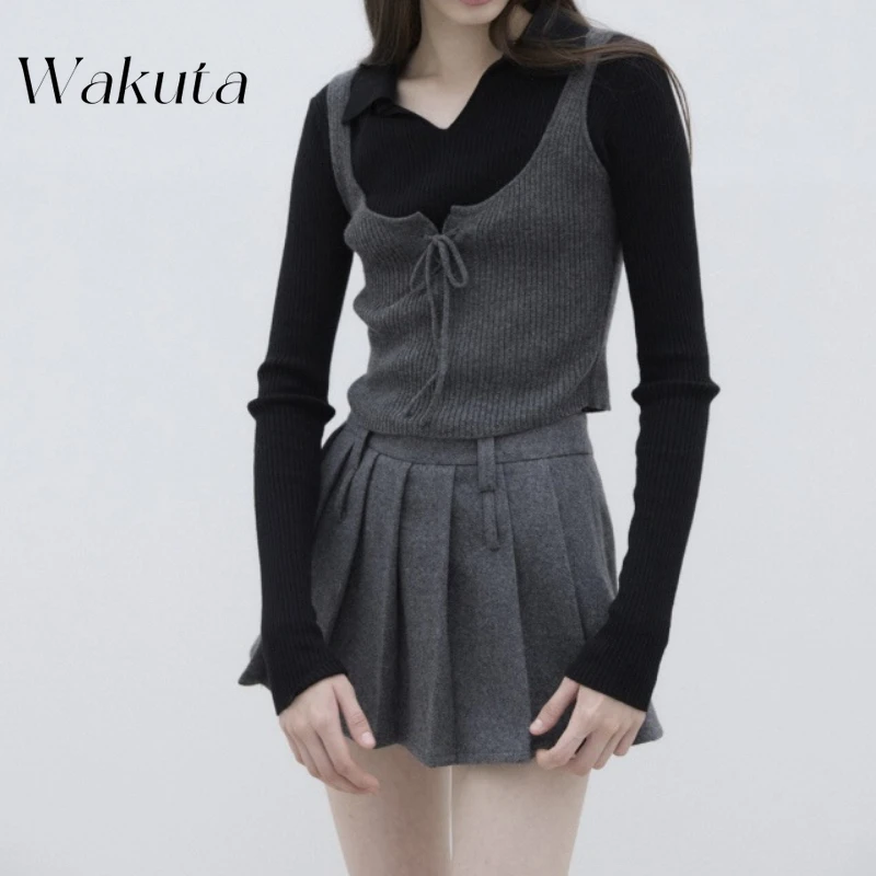 WAKUTA Spring Autumn Korean Style Chic Sweet Spicy Design Knitted Vest Fashion Slim Fit Pullovers Female Clothing Кофта Женская