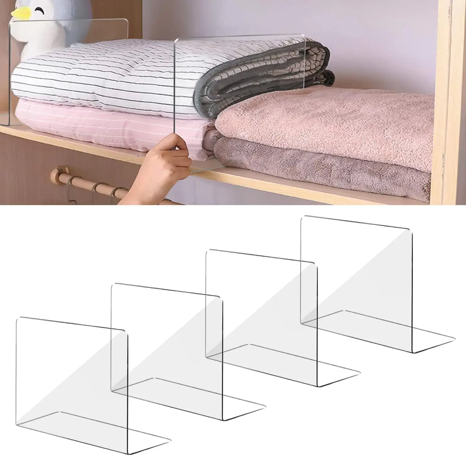 

Clear Acrylic Shelf Dividers for Closet Organization – Keep Sweaters & Purses Upright, Sturdy & Tall, Damage-Free, 4 Pack