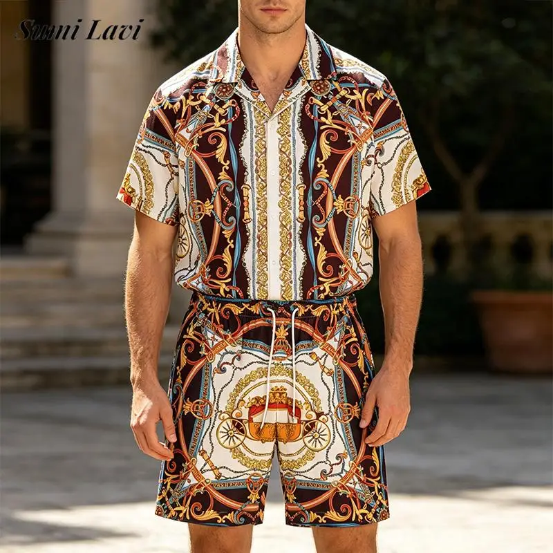 Daily Leisure Mens Ice Silk Outfits Summer Luxury Pattern Printed Shirts And Shorts Two Piece Sets Men Casual Short Sleeve Suits