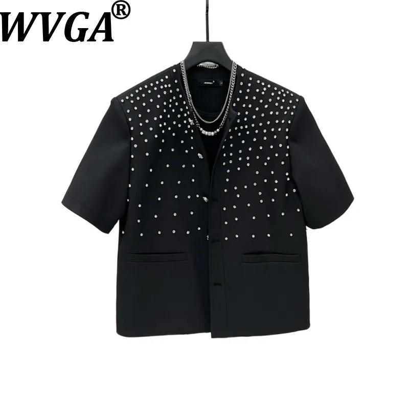 

WVGA весна лето новые мужские тяжелые модные куртки с короткими рукавами нишевые шикарные повседневные пальто с подкладкой на плечах с бриллиантами Ins Y2K W18001