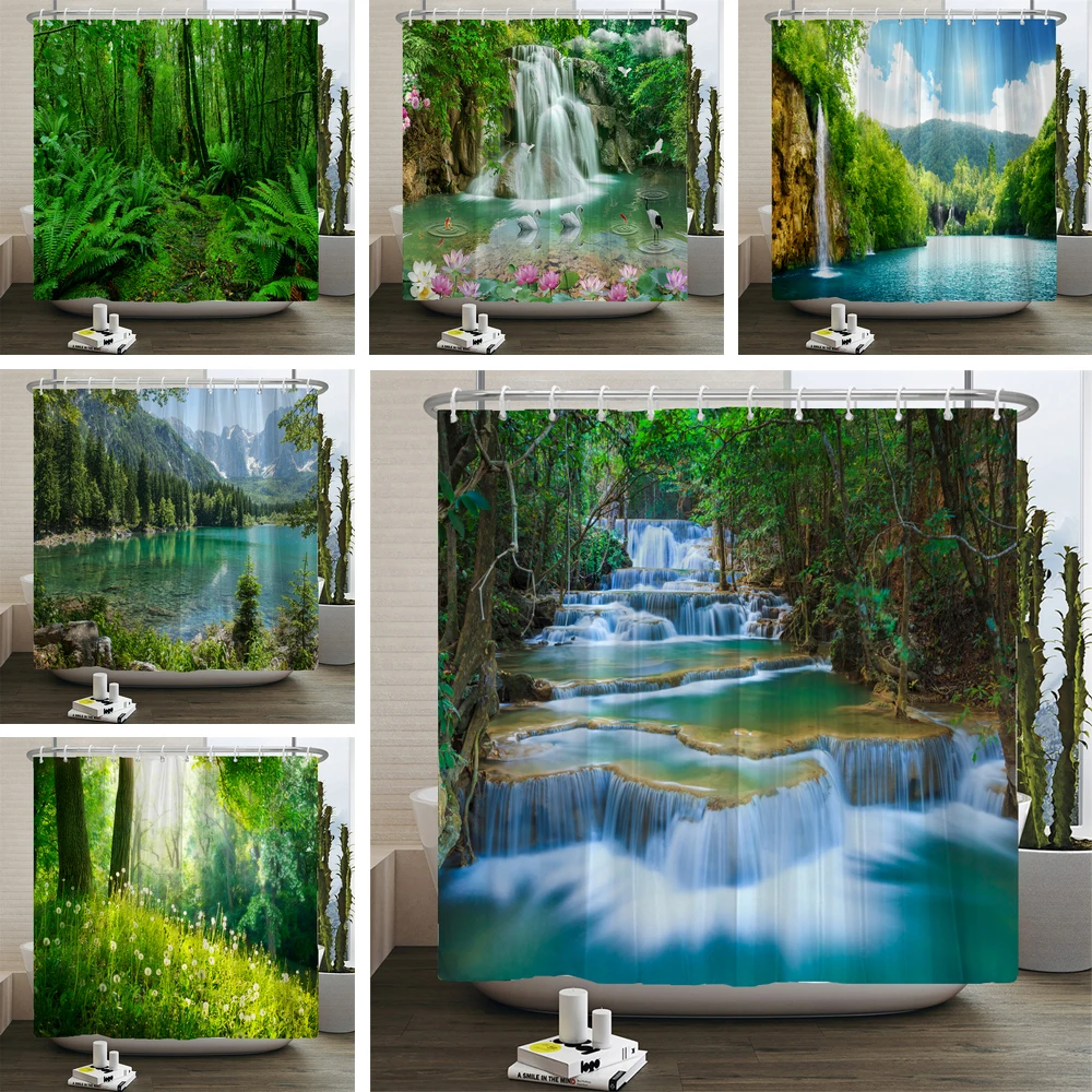 

3d Natural Scenery Printing Shower Curtain Forest Waterfall Landscape Home Bathtub Decor Waterproof Polyester Bathroom Curtains