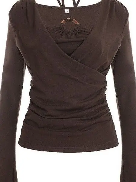 American Style Retro Brown Large Size Women's Slim Fit Long Sleeve T-Shirt Neck Hanging Ring Top Inner Wear for Autumn Winter