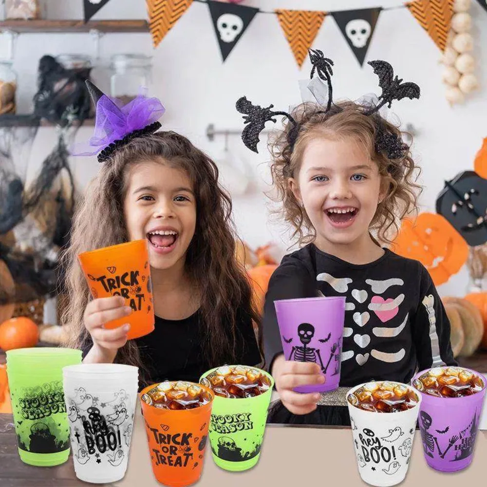 8PCS Plastic Halloween Party Cups 450ML Ghost Skull Pattern Drinking Cup Matte Texture Smooth Cup Rim Trick or Treat Water Cup
