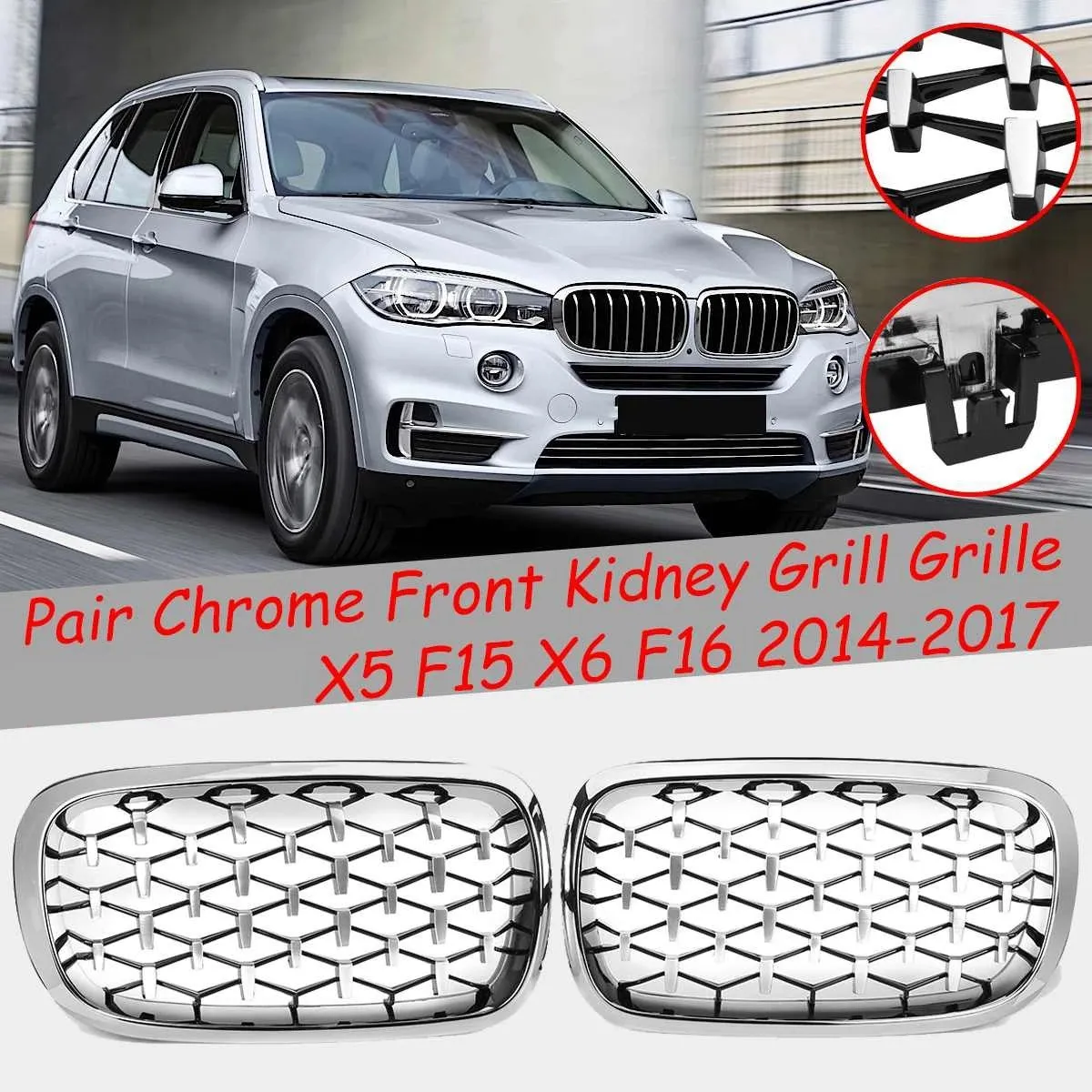 2PCS Front Kidney Diamond Meteor Style Grille Grills for - X5 F15 X6 F16 2014-2017 Racing Grill Chrome