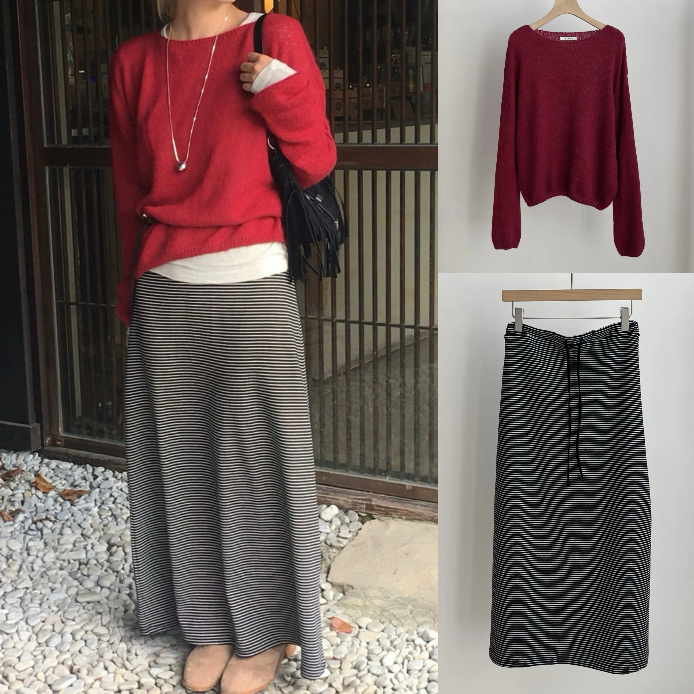 Set Sweater Rajut Tipis dengan Rok Panjang Bergaris dan Tali Serut, Model Santai, Gaya Musim Gugur untuk Wanita