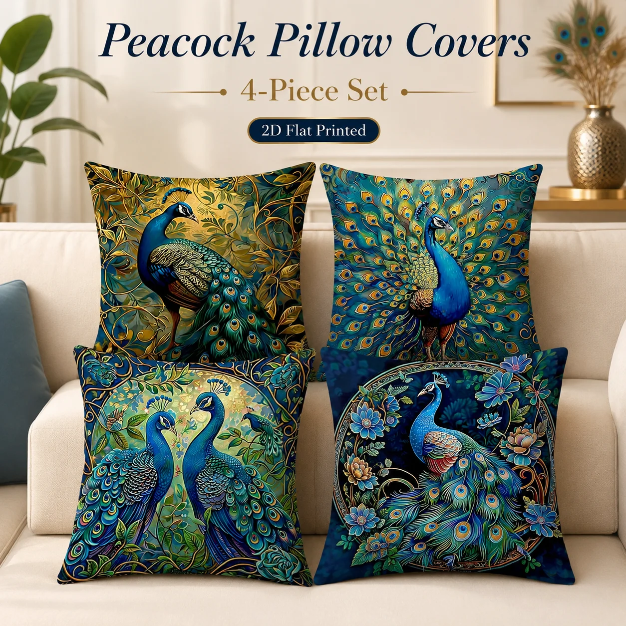 

4Pcs 2D Flat Printed Peacock Cushion Covers Peach Skin Coussin Vintage Animal Sofa Couch Room Decor Pillowcases