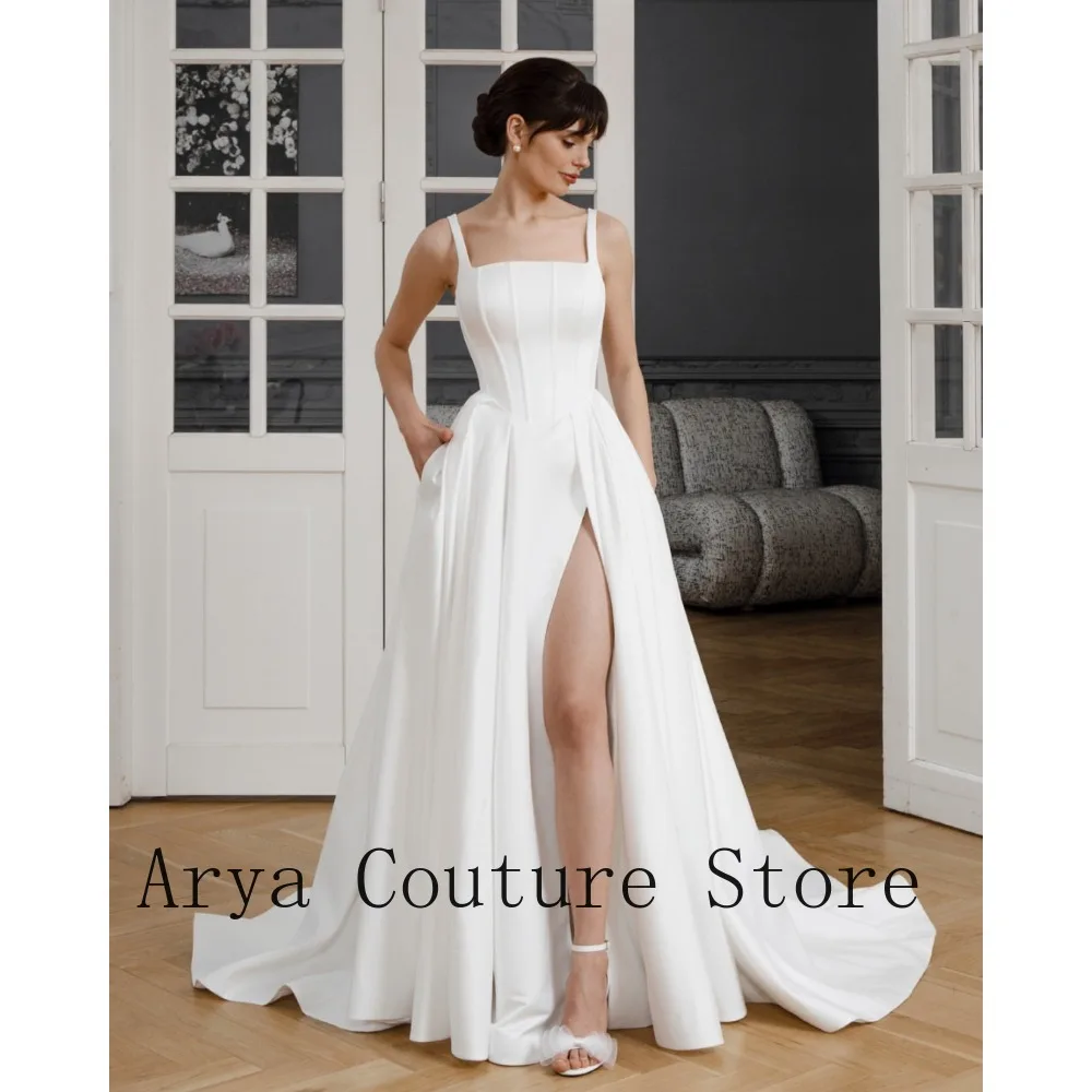 Customized 2026 White Satin Square Neck A-Line Gown – Pocket High Slit Trailing Wedding Dress for Bridal & Formal Events