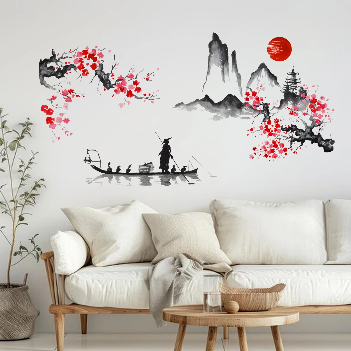 

Cherry Blossom Red Sun Ink landscape boat Painting Mount Wall Stickers for Waterproof PVC Vinyl Living Room Home Decoration