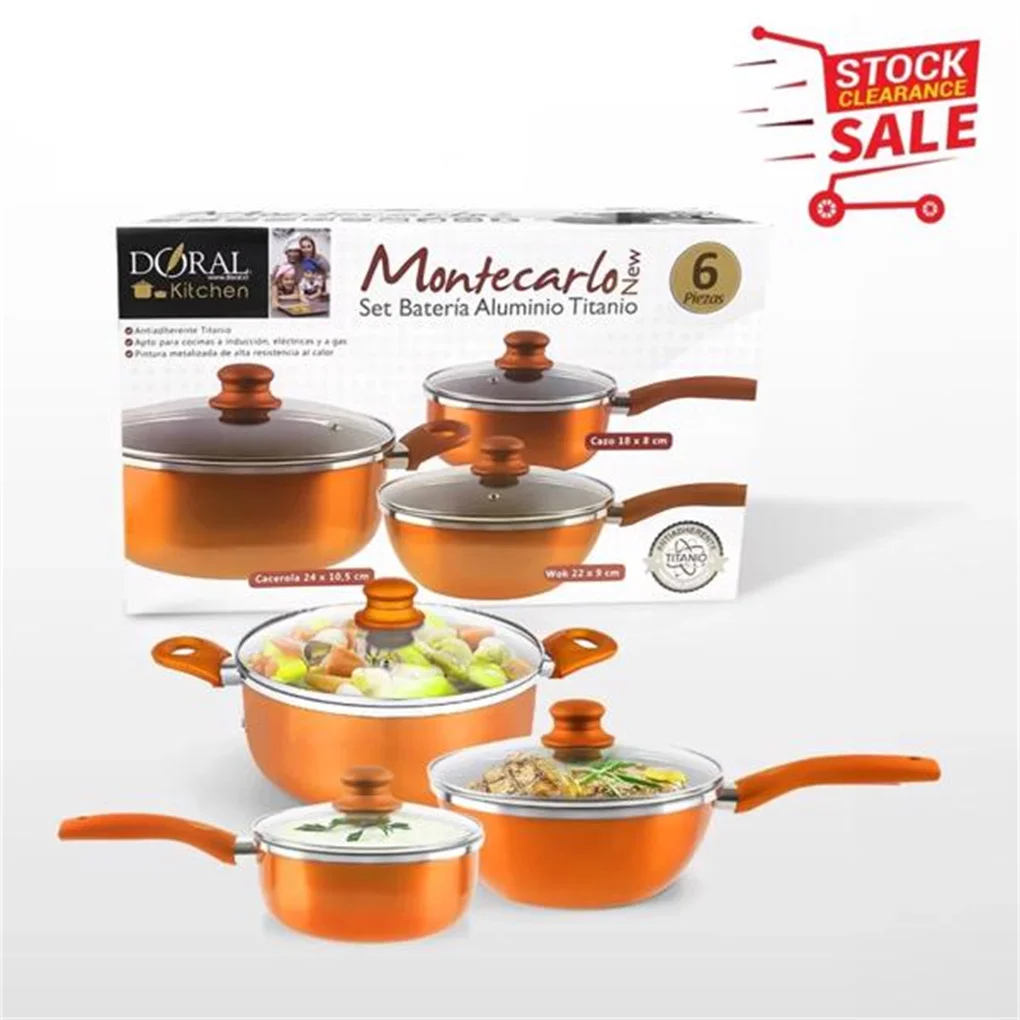 

itchen Cookware Set, 6PCS Nonstick Pot and Pan Set-Wok With Lid, Soup, Milk Pot Set Orange