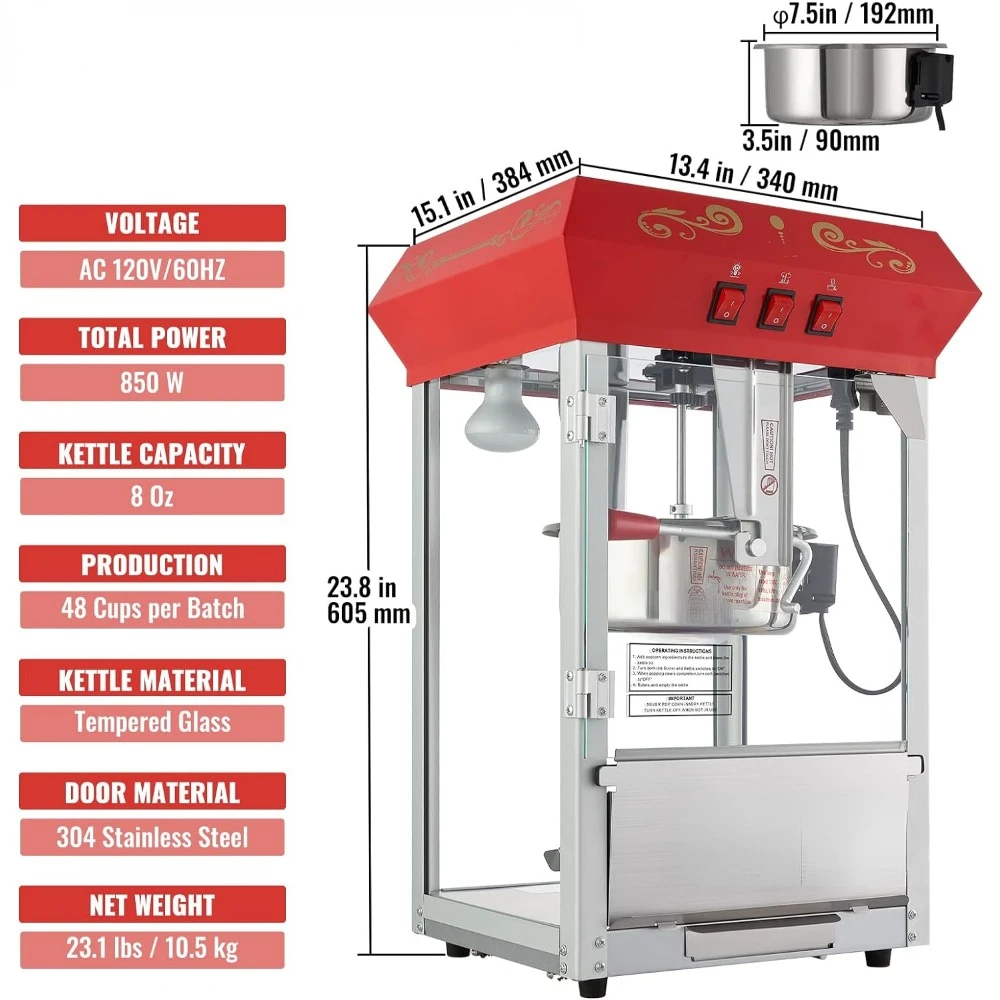 Popcorn Machine, 8 Oz Kettle for 48 Cups per Batch, 3-Switch Control Steel Frame Tempered Glass Doors 2 Scoops 2 Spoons, Red