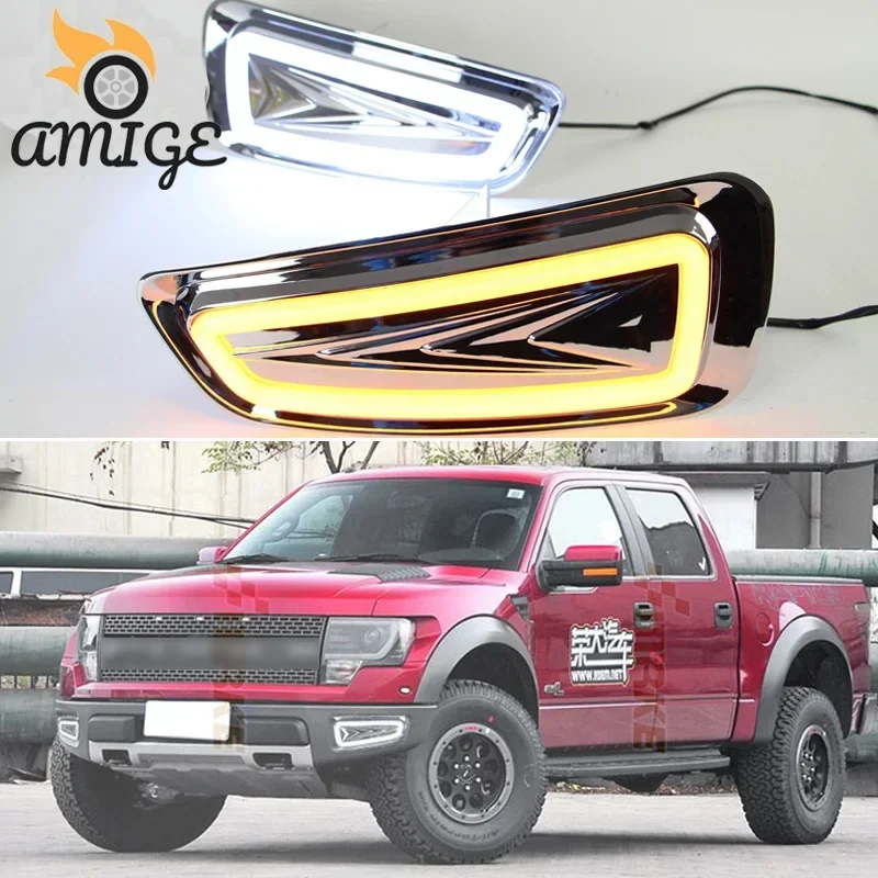

Светодиодные дневные фары DRL для Ford Raptor SVT F150 2010-2014, желтые фары с указателями поворота, светодиодные дневные ходовые фары