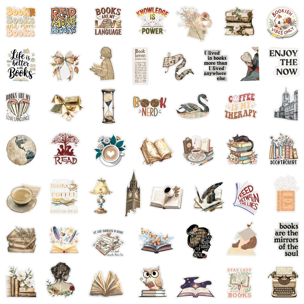 50/100Pcs Reading Theme Doodle Stickers, Clear Waterproof PET, Student DIY for Scrapbook Notebook Stationery Box Desk Decals